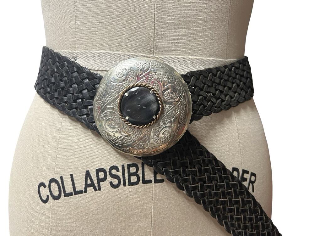 VTG Wide Braided Leather Belt Hammered Silver Buckle Boho 43" Festival Western